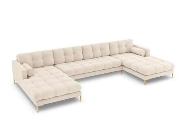 Divano angolare Bali a 7 posti in tessuto strutturato con gambe oro - L383cm