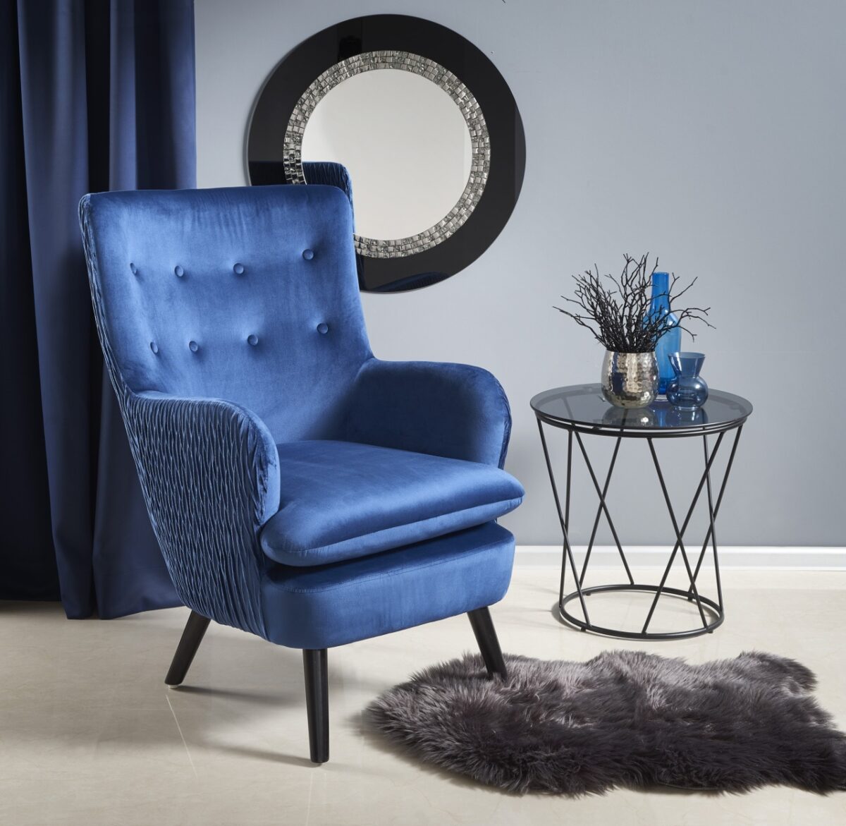 Poltrona imbottita Ravel in velluto blu - H100 cm - immagine 13