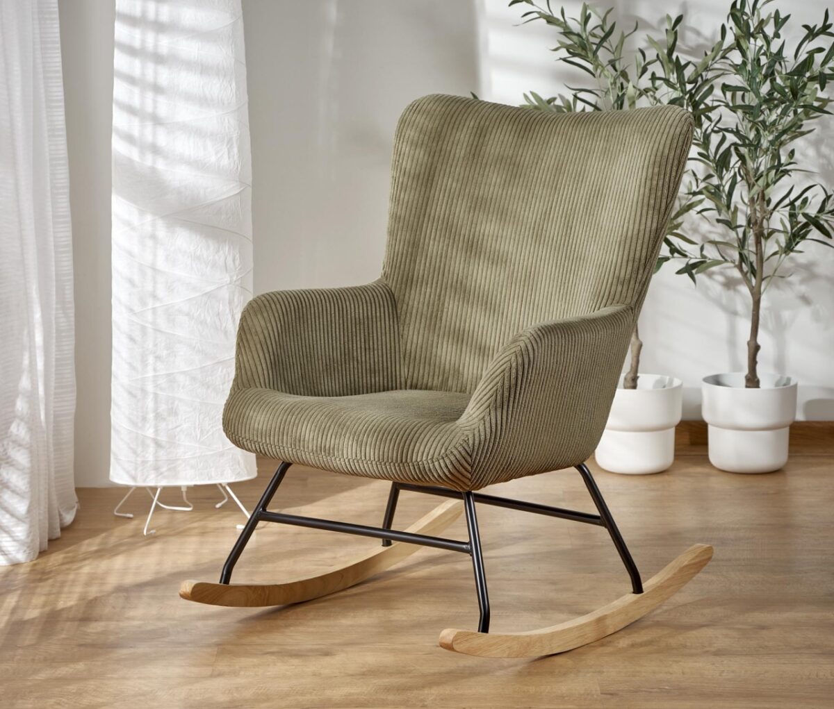 Poltrona a dondolo Belmiro in velluto oliva - H92 cm - immagine 4