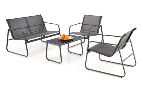 Set da giardino Conor panchina due posti + 2 poltrone + tavolino in grigio scuro