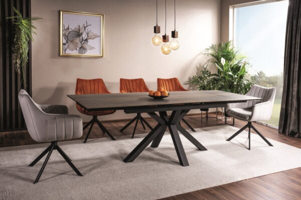 Set tavolo allungabile Columbus Ceramic marrone/nero opaco - L160-240 cm + 3 sedie Azalia in velluto cinnamon Blu4215 + 3 sedie Azalia in velluto grigio chiaro Blu03