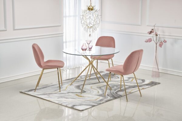 Set tavolo rotondo in vetro Rondo diametro 110 cm, altezza 74 cm + 2 sedie in velluto K381 velluto rosa/oro altezza 88 cm