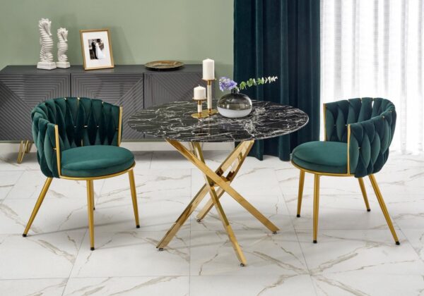 Set tavolo rotondo Raymond 2 effetto marmo nero + 4 sedie K517 verde/oro