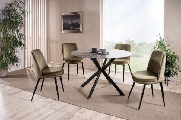 Set tavolo rotondo Talia effetto marmo grigio/nero ø120 cm + 4 sedie Kayla in velluto olive Blu77