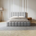 Letto matrimoniale Mamaia in tessuto strutturato Neve con contenitore e testiera -  200x200 cm