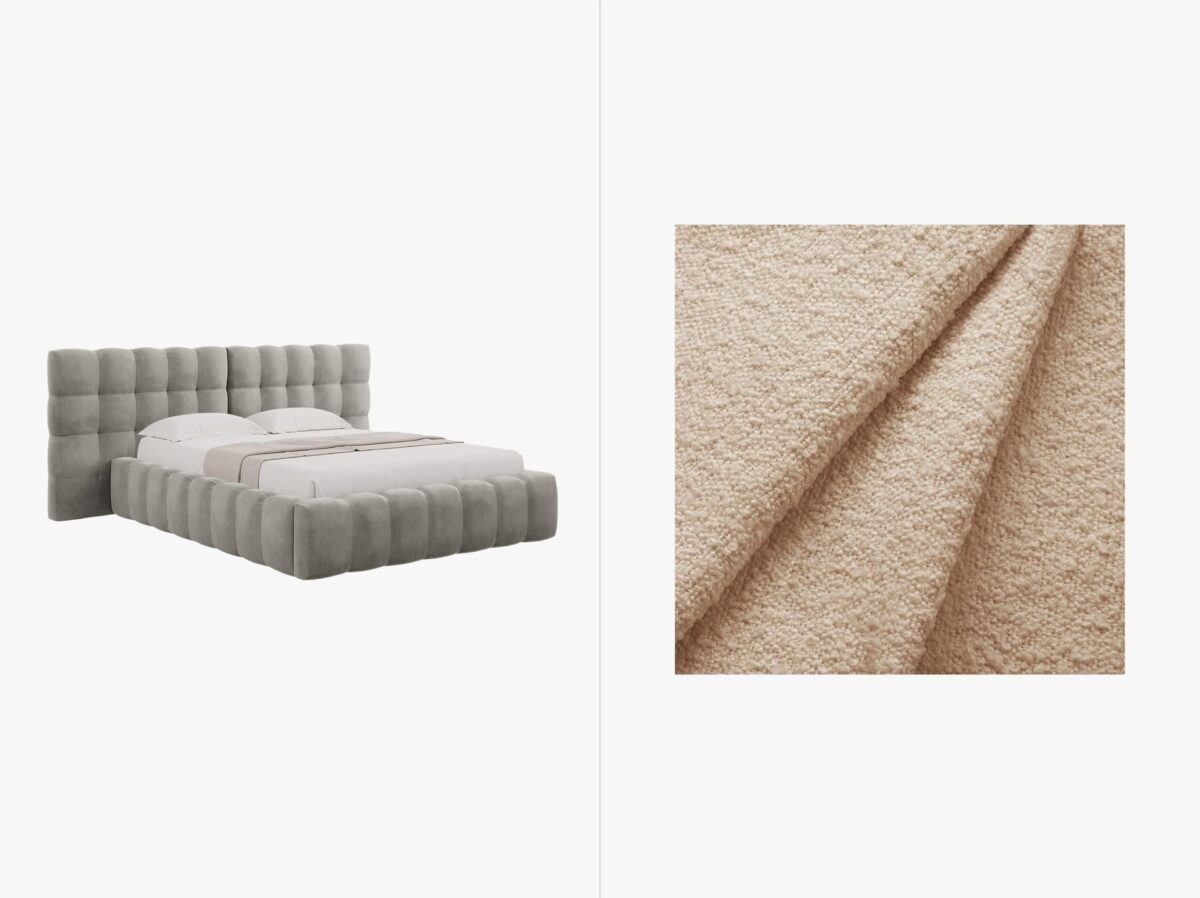Letto matrimoniale Mamaia in tessuto Bouclé con contenitore e testiera doppia - 140x200 cm - immagine 4