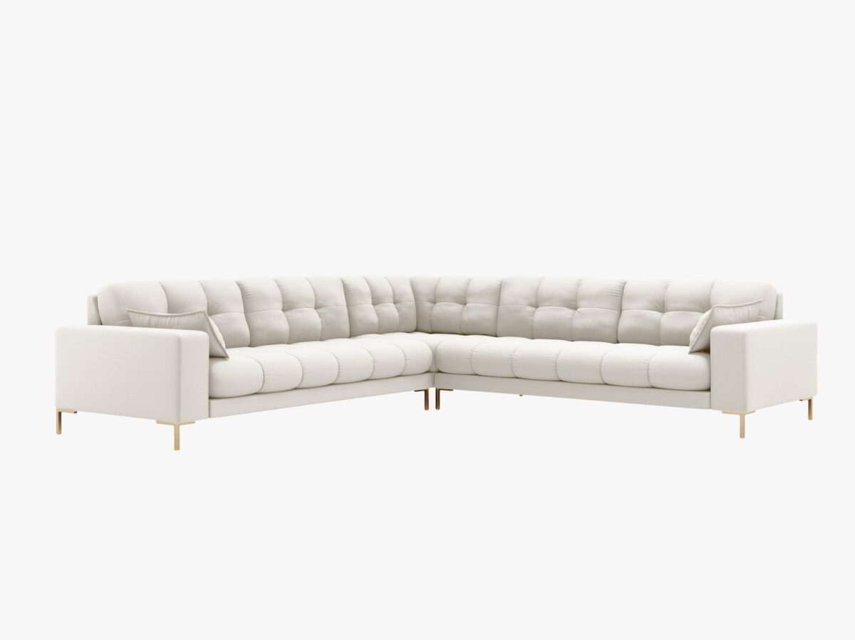 Divano angolare simmetrico Mamaia in tessuto strutturato Neve gambe oro – L256 cm - immagine 12