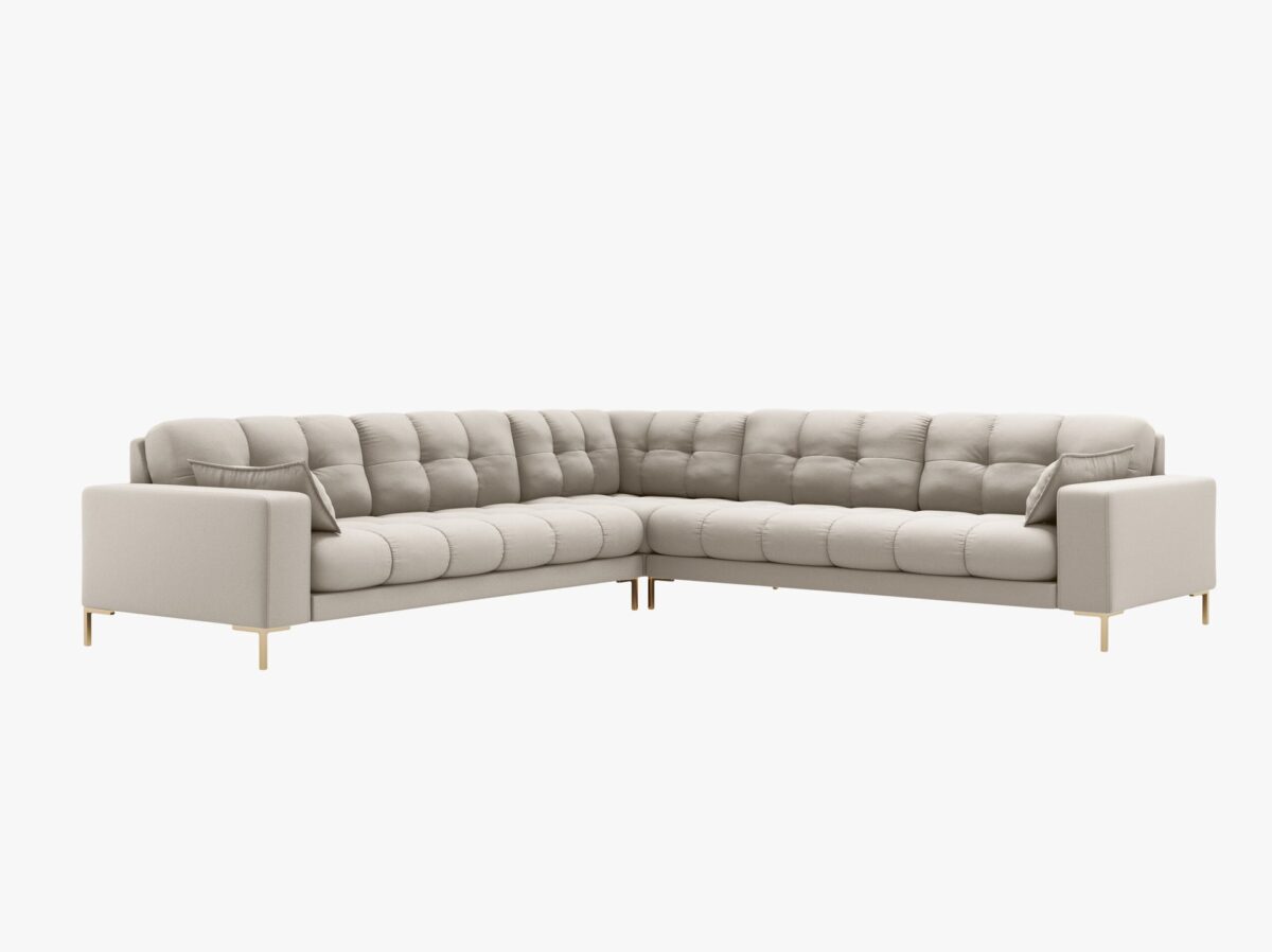 Divano angolare simmetrico Mamaia in tessuto strutturato Neve gambe oro – L256 cm - immagine 8