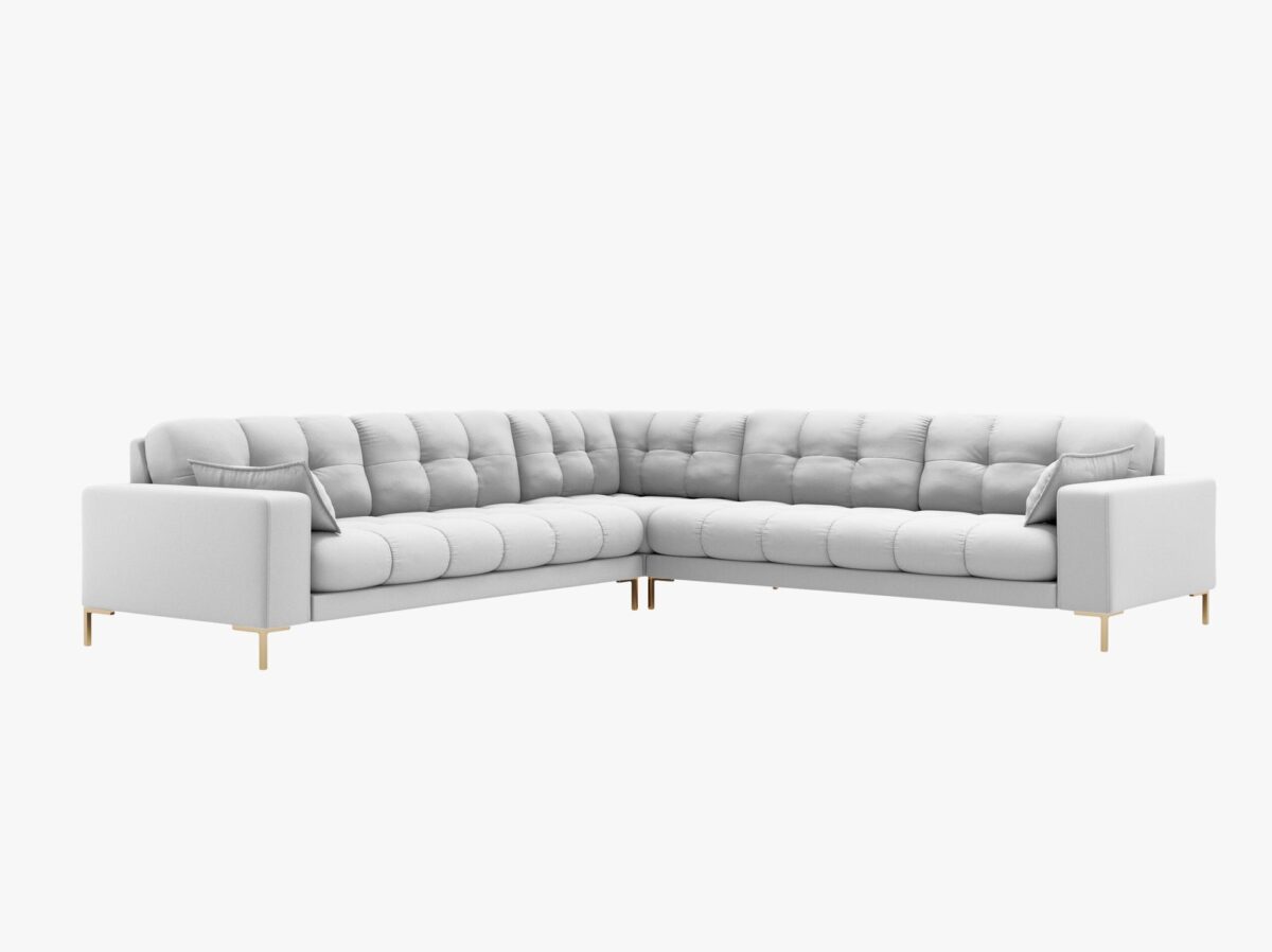 Divano angolare simmetrico Mamaia in tessuto strutturato Neve gambe oro – L256 cm - immagine 10