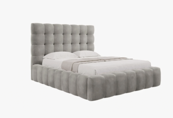 Letto matrimoniale Mamaia in tessuto Bouclé con contenitore e testiera - 160x200 cm