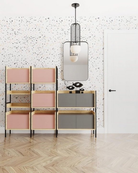 Mobile a cassetti rosa e grigi per arredamento mix & match