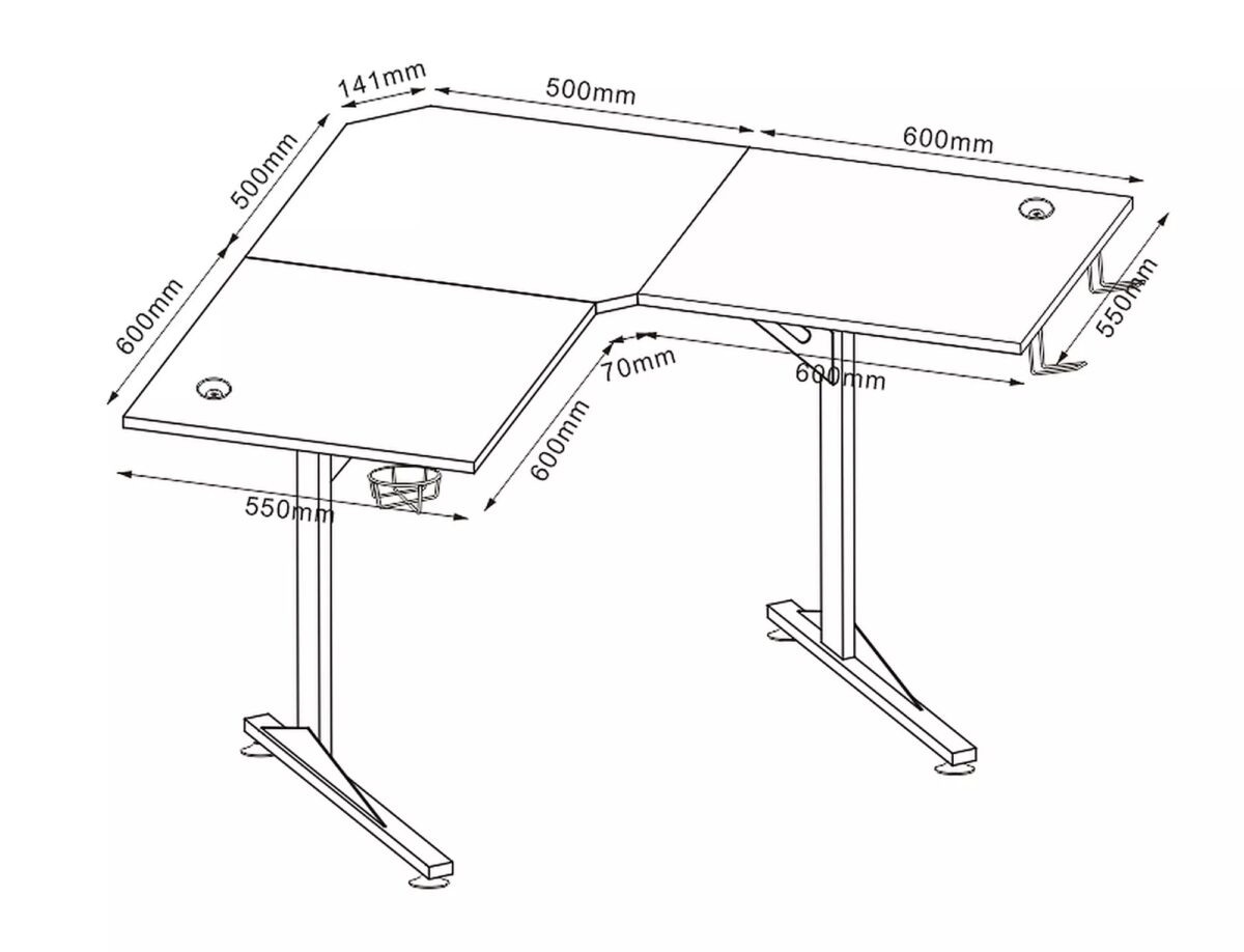 Scrivania angolare B-219 in MDF nero e struttura in metallo – con supporto cuffie e portabicchiere - immagine 7