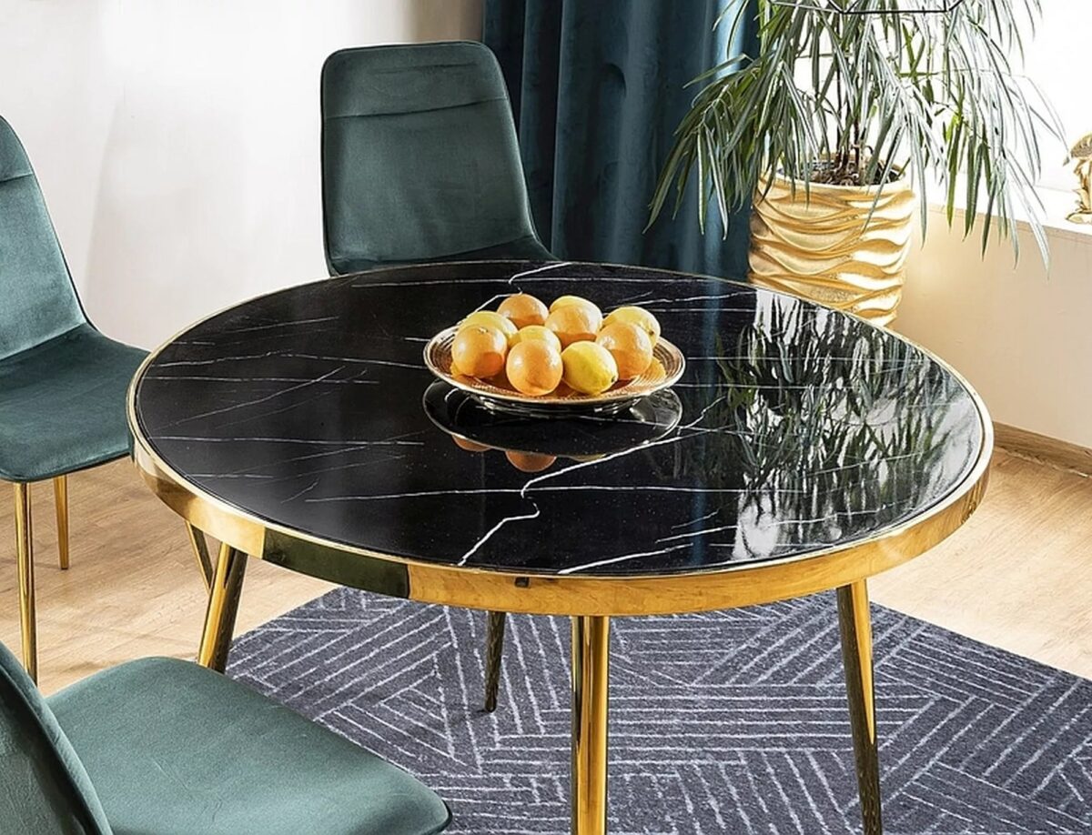 Tavolo Calvin rotondo in vetro effetto marmo nero con struttura in metallo oro – Ø100x75 cm - immagine 5