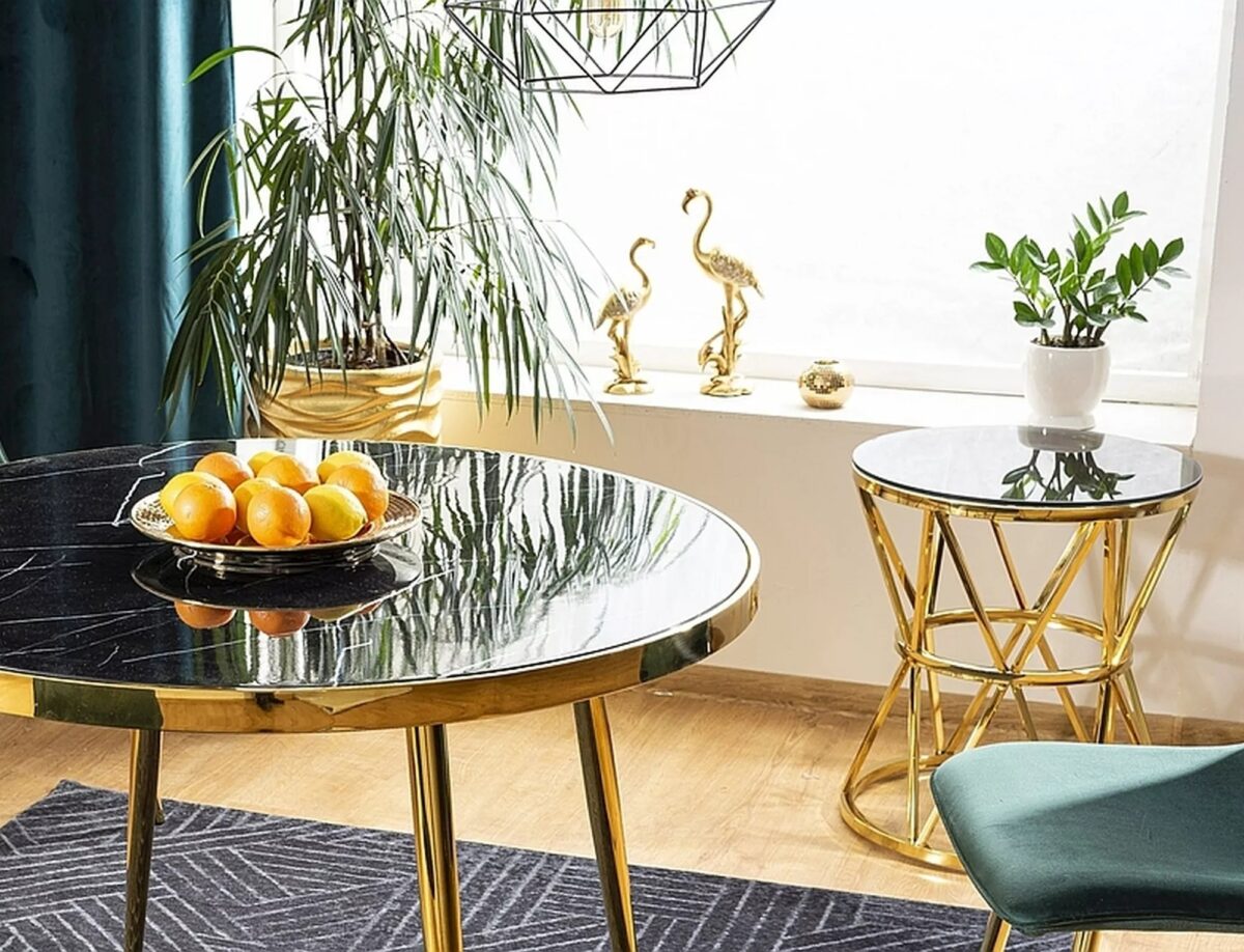Tavolo Calvin rotondo in vetro effetto marmo nero con struttura in metallo oro – Ø100x75 cm - immagine 6