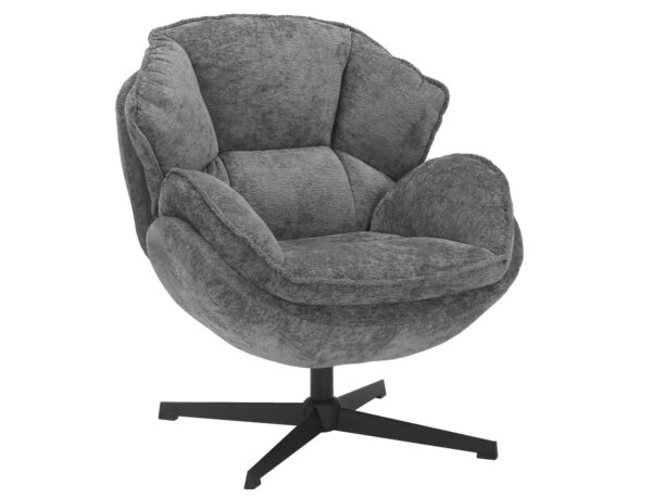 Poltrona Betty in tessuto grigio con struttura in metallo nero e seduta girevole – 73x87x83 cm