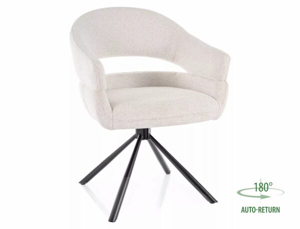 Sedia Borgo Raven in tessuto beige con struttura in metallo nero opaco e seduta girevole auto-return – 58x87 cm