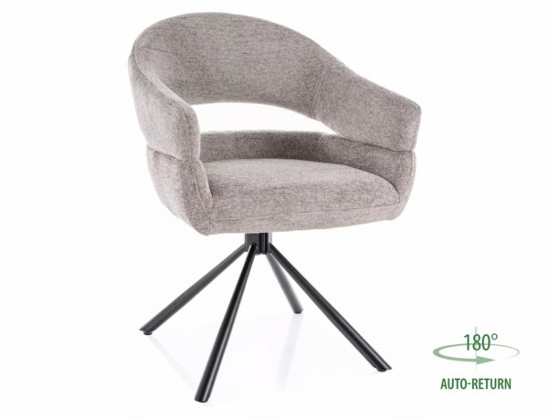 Sedia Borgo Raven in tessuto grigio con struttura in metallo nero opaco e seduta girevole auto-return – 58x87 cm