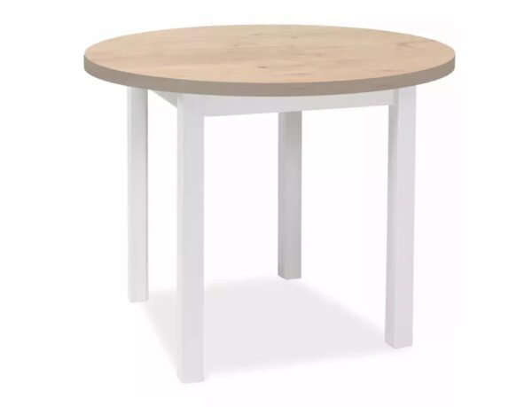 Tavolo Adam rotondo in MDF bianco opaco e piano laminato effetto rovere Lancelot – Ø80 cm