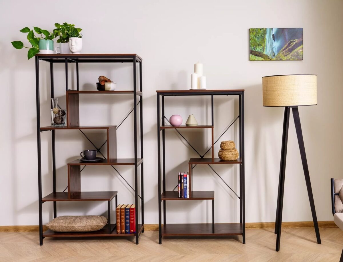 Libreria Net B in legno laminato noce scuro e metallo – 75x35x132 cm - immagine 2
