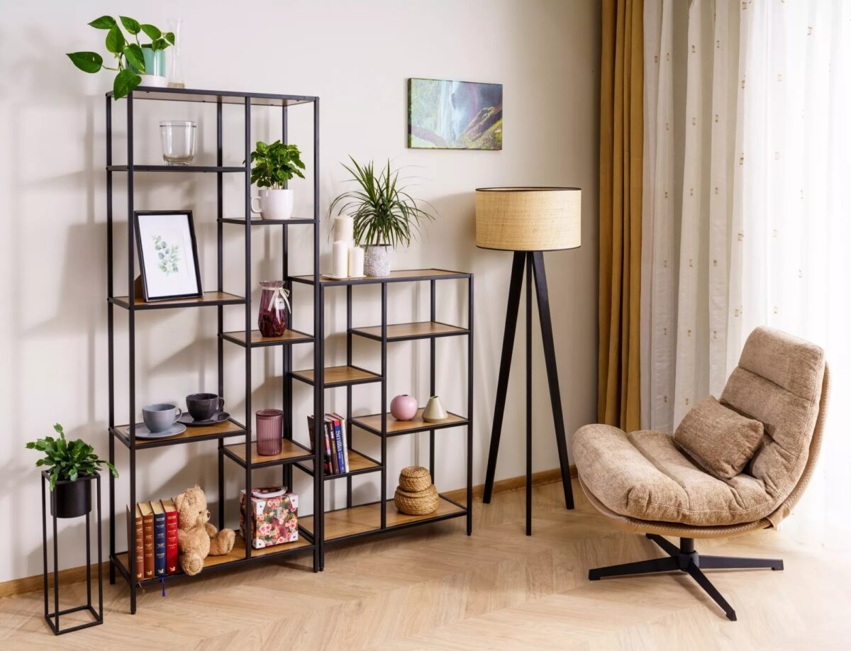 Libreria Costa B in finitura rovere con struttura in metallo nero opaco – 70x30x109 cm - immagine 2