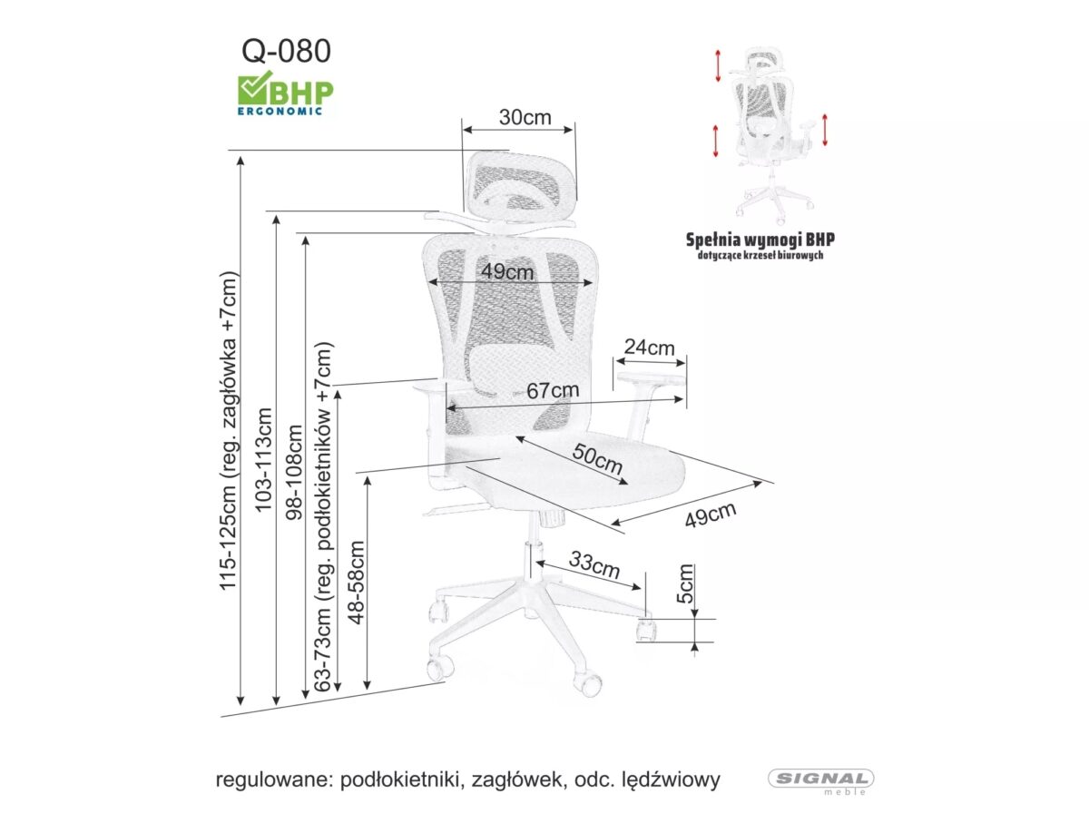 Sedia da ufficio ergonomica Q-080M grigia – 67x50x125 cm - immagine 3