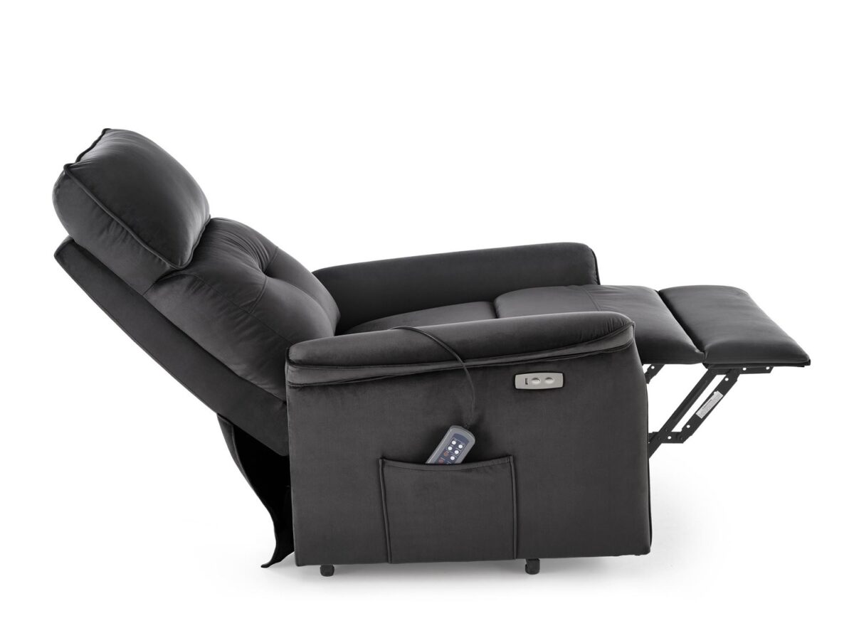 Poltrona relax Semir 2 con alzata assistita, massaggio ed USB in velluto nero – 80x108-90x90-160 cm - immagine 2