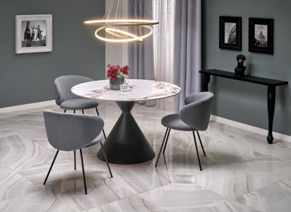 Tavolo Garet rotondo in gres porcellanato effetto marmo bianco – fi120x76 cm