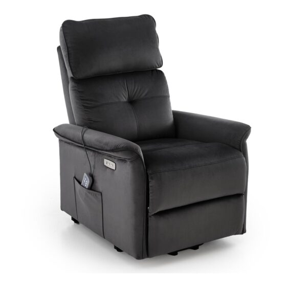 Poltrona relax Semir 2 con alzata assistita, massaggio ed USB in velluto nero – 80x108-90x90-160 cm